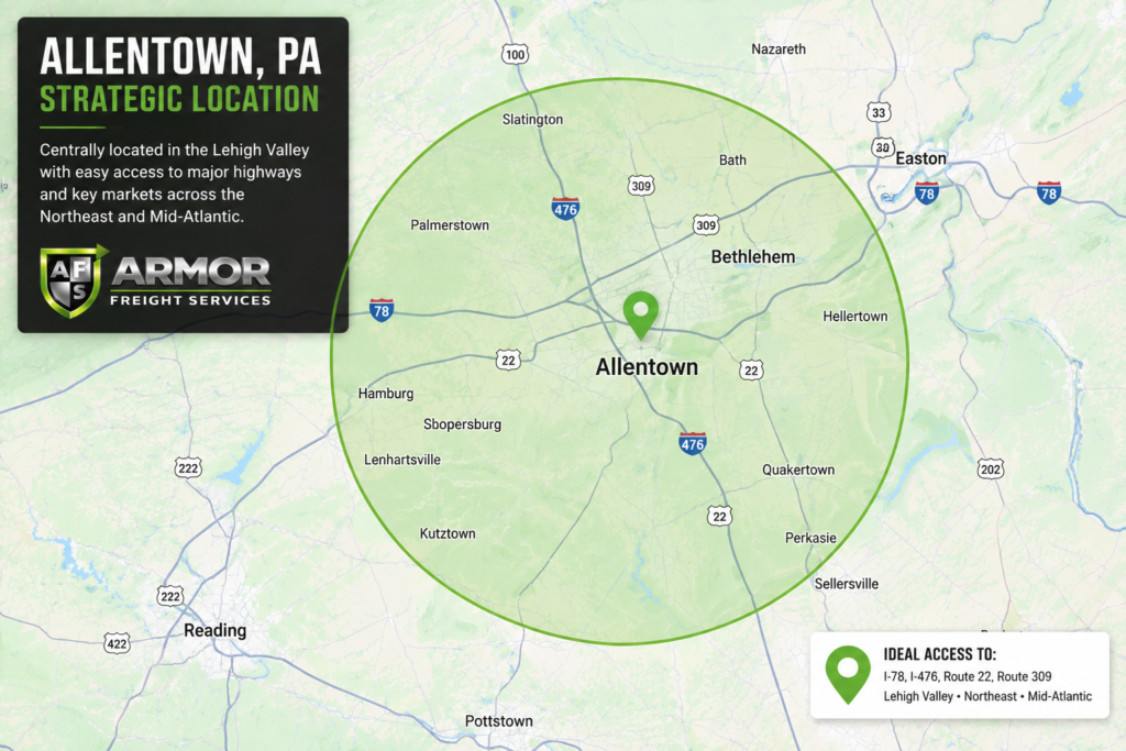 Map highlighting Allentown, Pennsylvania and the Lehigh Valley region for warehousing, cross-docking, pallet storage, and distribution services.
