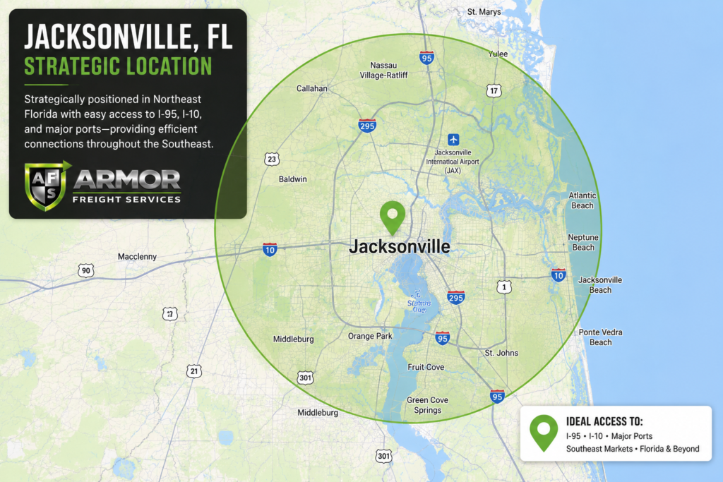 Map highlighting Jacksonville, Florida and Northeast Florida distribution coverage with access to I-95, I-10, and Southeast markets.