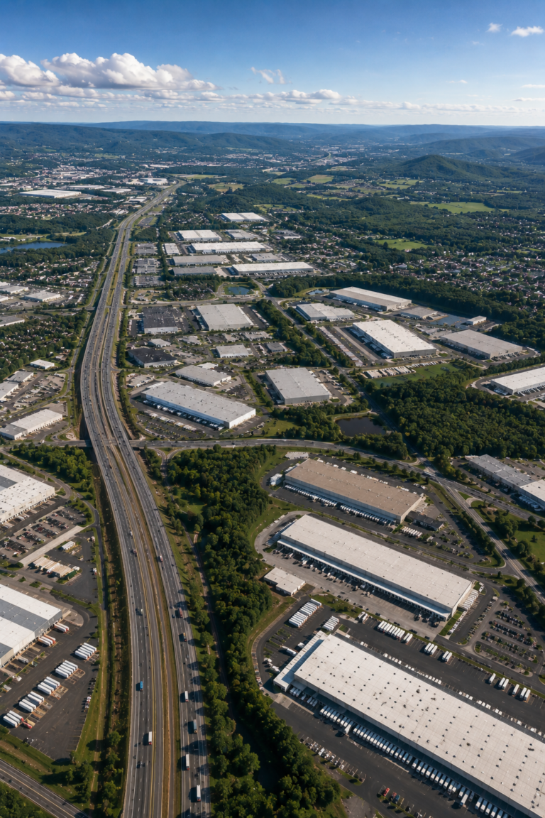 Aerial view of a major warehouse and distribution corridor in Eastern Pennsylvania with large distribution centers, truck traffic, and industrial development throughout the Lehigh Valley region.