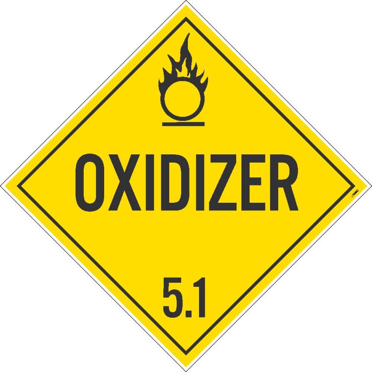 DOT Class 5.1 oxidizer hazard placard, yellow with flame-over-circle symbol
