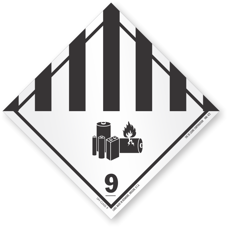Class 9 lithium battery hazard label, white with black stripes and battery group symbol