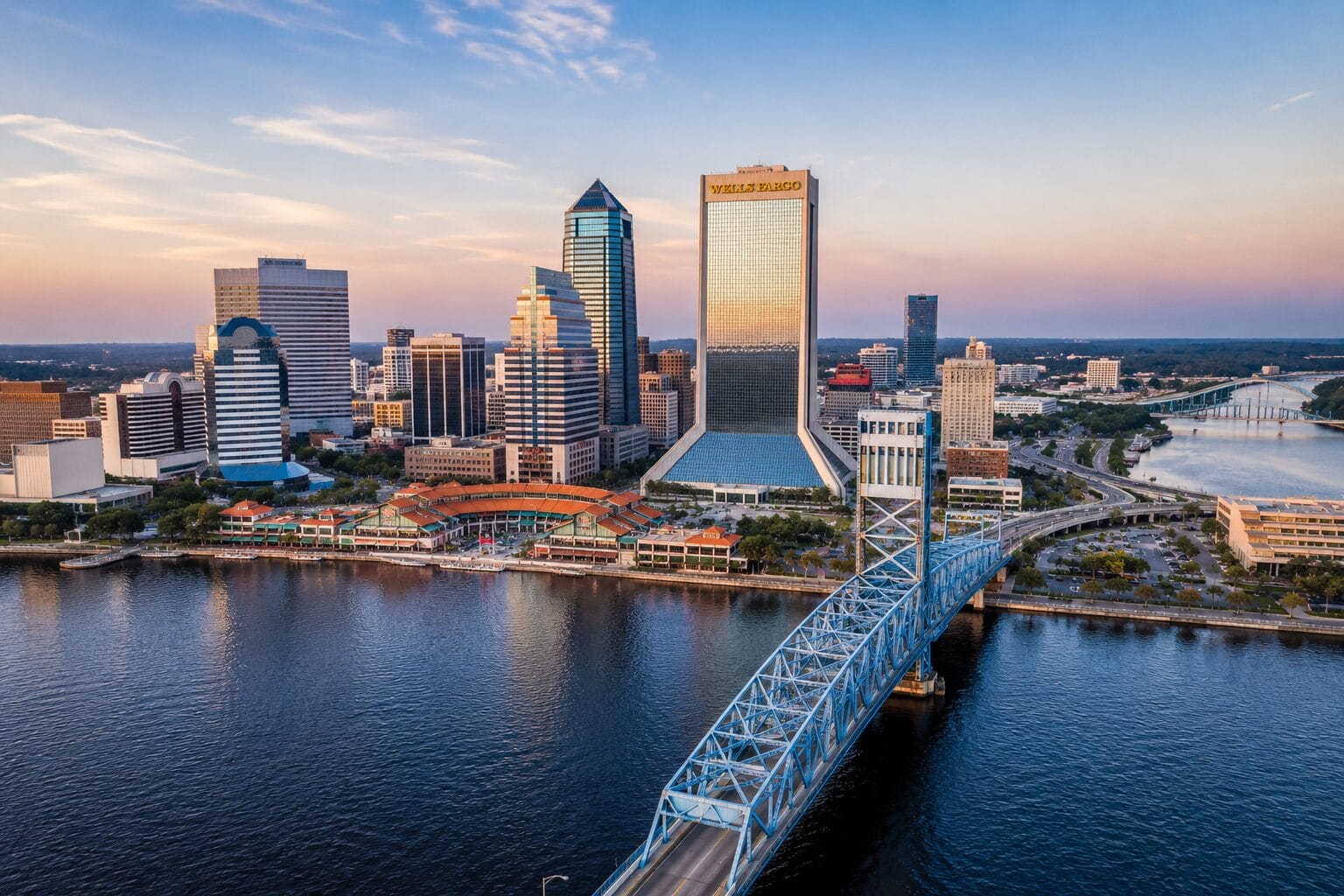 Aerial view of warehouse, distribution, and logistics facilities in Jacksonville, Florida.