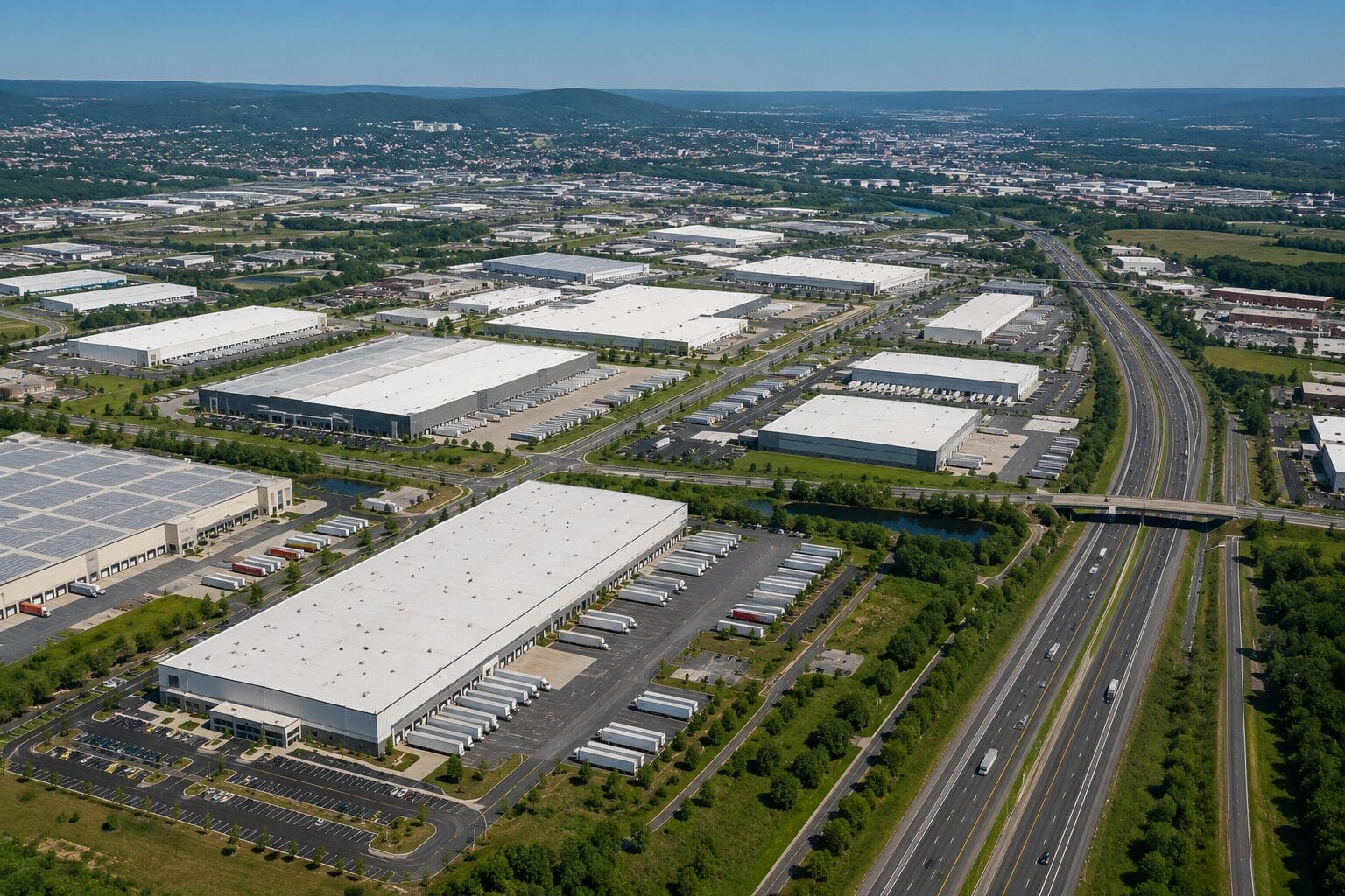 Aerial view of modern warehouse and distribution centers in the Allentown, Pennsylvania logistics corridor.