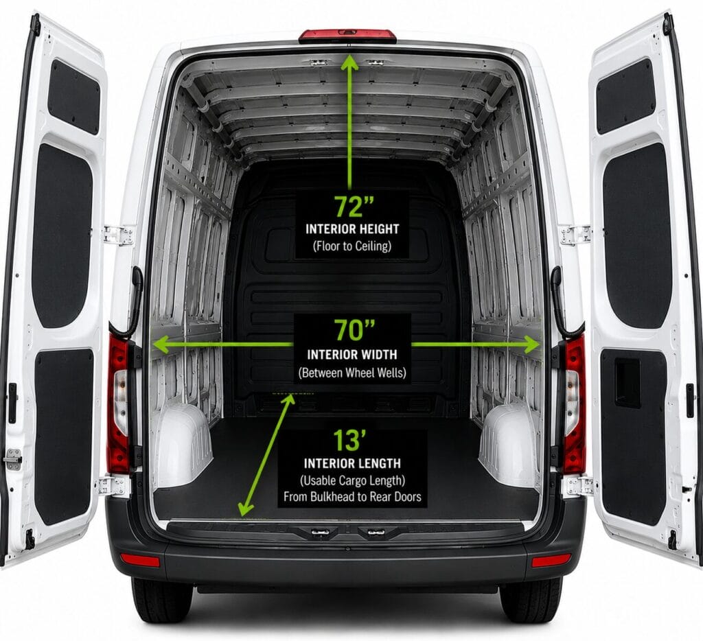 Sprinter van cargo dimensions for dedicated freight transportation with interior height, width, and cargo length measurements.