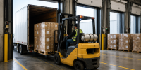 Forklift unloading palletized freight from a shipping container at a warehouse dock in Allentown, Pennsylvania.