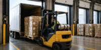 Forklift unloading palletized freight from a shipping container at a warehouse dock in Allentown, Pennsylvania.
