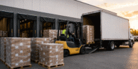 Distribution support services in Allentown, PA with palletized freight being loaded for outbound delivery throughout the Northeast.